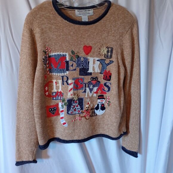 Heirloom Collectibles Christmas Collection Women's Tan Sweater Petite Large. - Picture 2 of 8